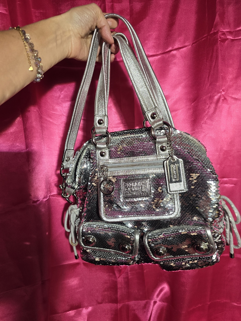 Coach Silver Sequin Shoulder Bag with Metallic Trim Spotlight Poppy Y2k